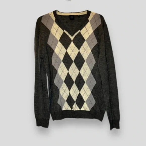 Saks Fifth Avenue Mens Pullover Sweater Gray Argyle V Neck Wool Long Sleeve M - Picture 5 of 8